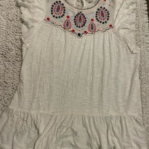 Lucky Brand White Embroidered Cotton Top with Coral & Navy Accents